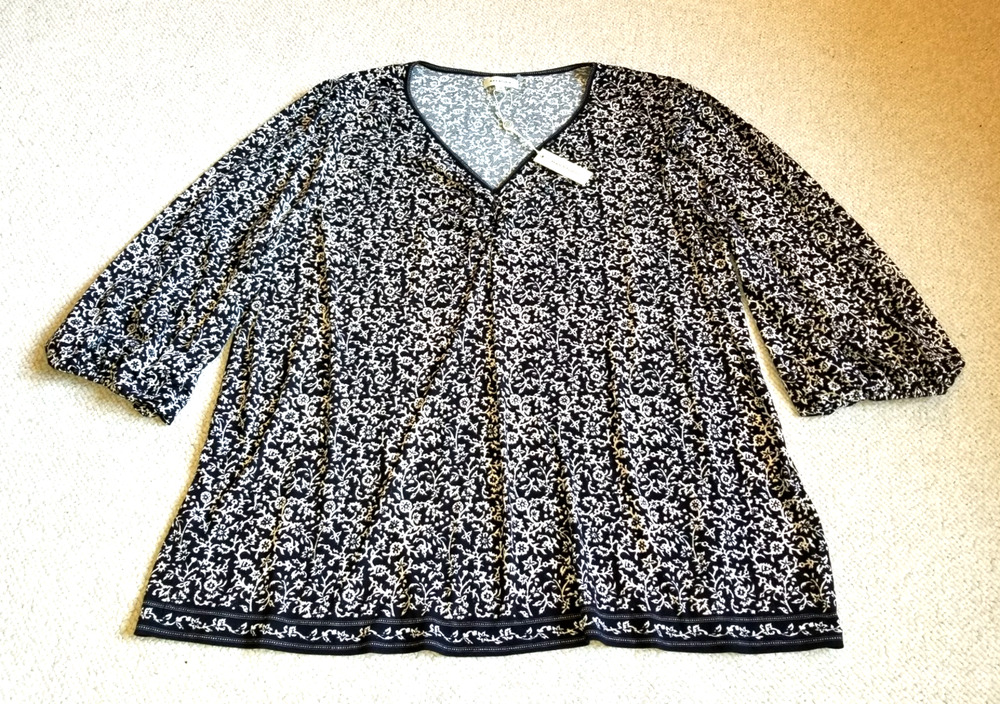 NWT $98 Womens Top-MAX STUDIO-black/white floral stretch knit tunic elbow slv-2X